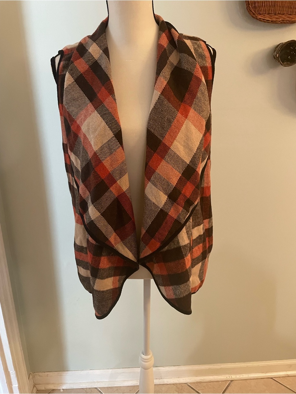 Plaid Open Front Vest in Rust, Brown & Cream